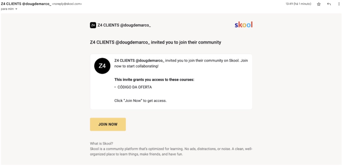 Email de convite da Z4 CLIENTS com o botão Join Now
