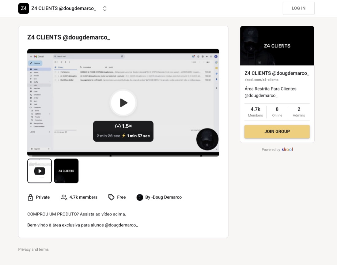 Página da comunidade Z4 CLIENTS com o botão Join Group